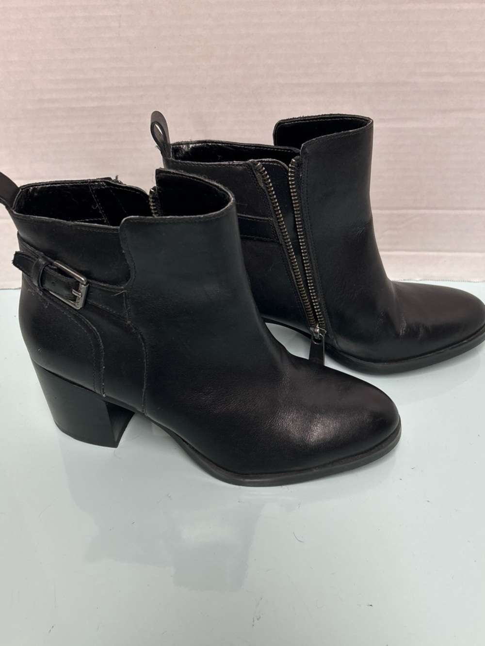 Lauren Ralph Lauren Black Leather Ankle Booties with Side Buckle